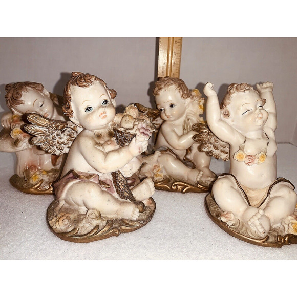 Set of 4 Greenbrier Angels 4" Pastel Polystone Cherubs All Different Poses - Picture 12 of 13
